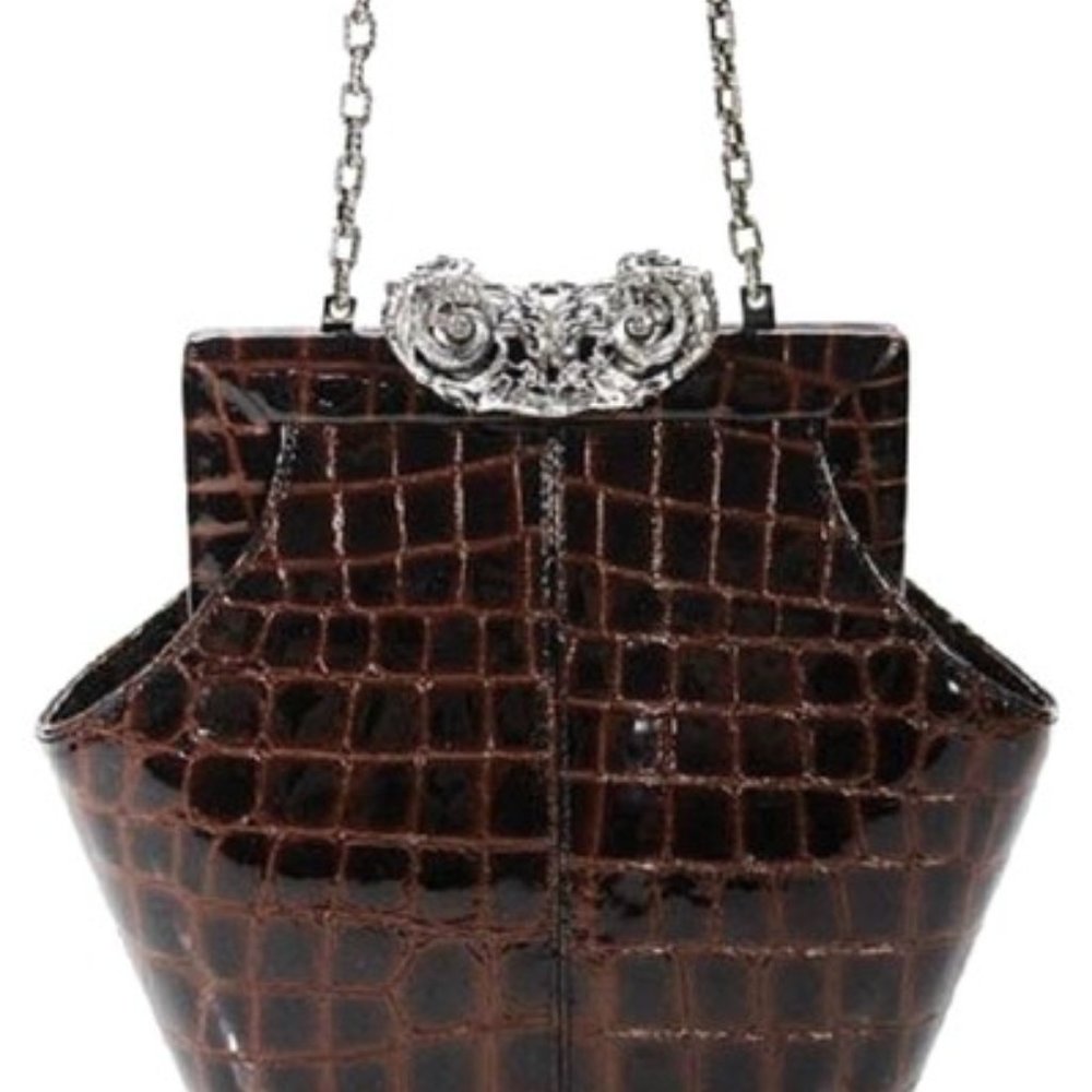 Glen Miller for Ann Turk Brown Croc Patent Leather 2-Way Clutch Cross Body Bag